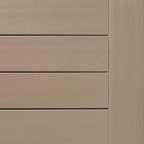 Close-up of composite decking in a light tan color, with wood grain texture.