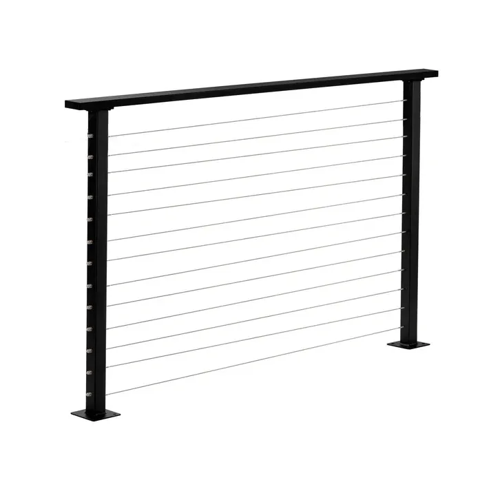 Black metal cable railing with horizontal stainless steel cables.