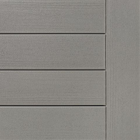 Close-up of composite decking boards in various horizontal sections, light gray color.