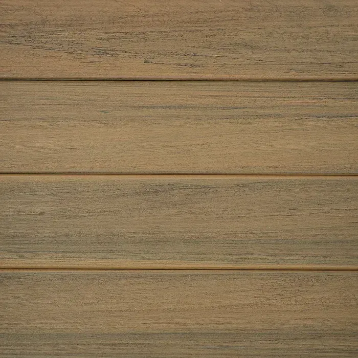 Close-up of four horizontal, wood-textured planks in shades of tan and brown.