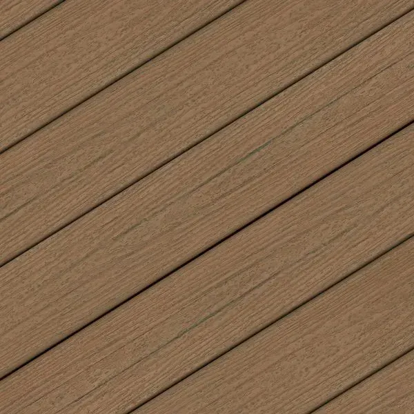 Diagonal view of brown composite deck boards.