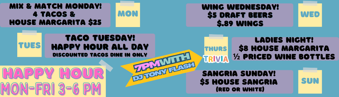 A menu for a restaurant that says happy hour on it