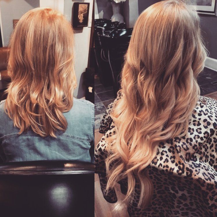 Blonde hair before and after extensions, styled with loose waves. A woman in a denim jacket and leopard print top.