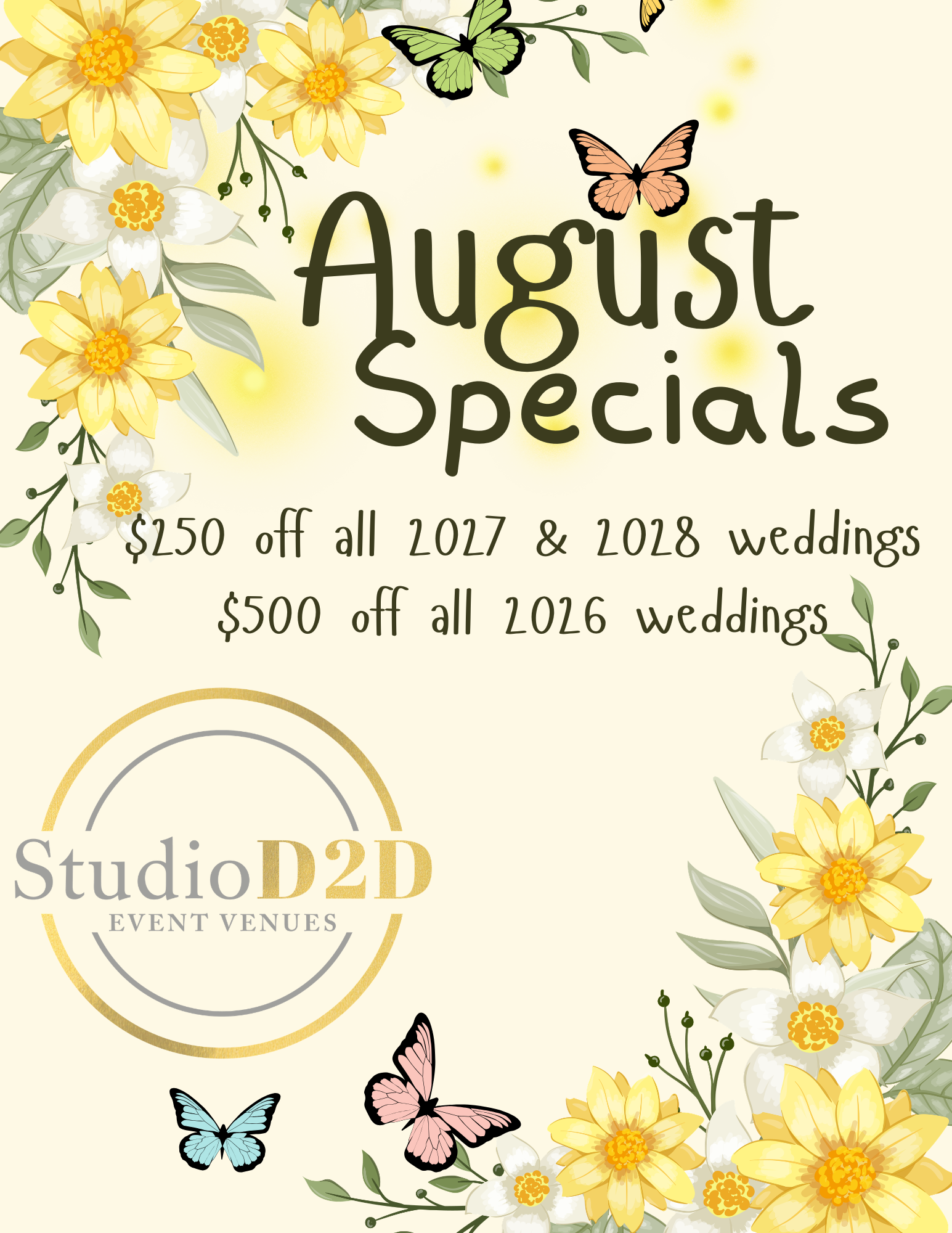 Studio D2D June promotional flyer featuring two specials, free ceremony in 2026, free pizza in 2027