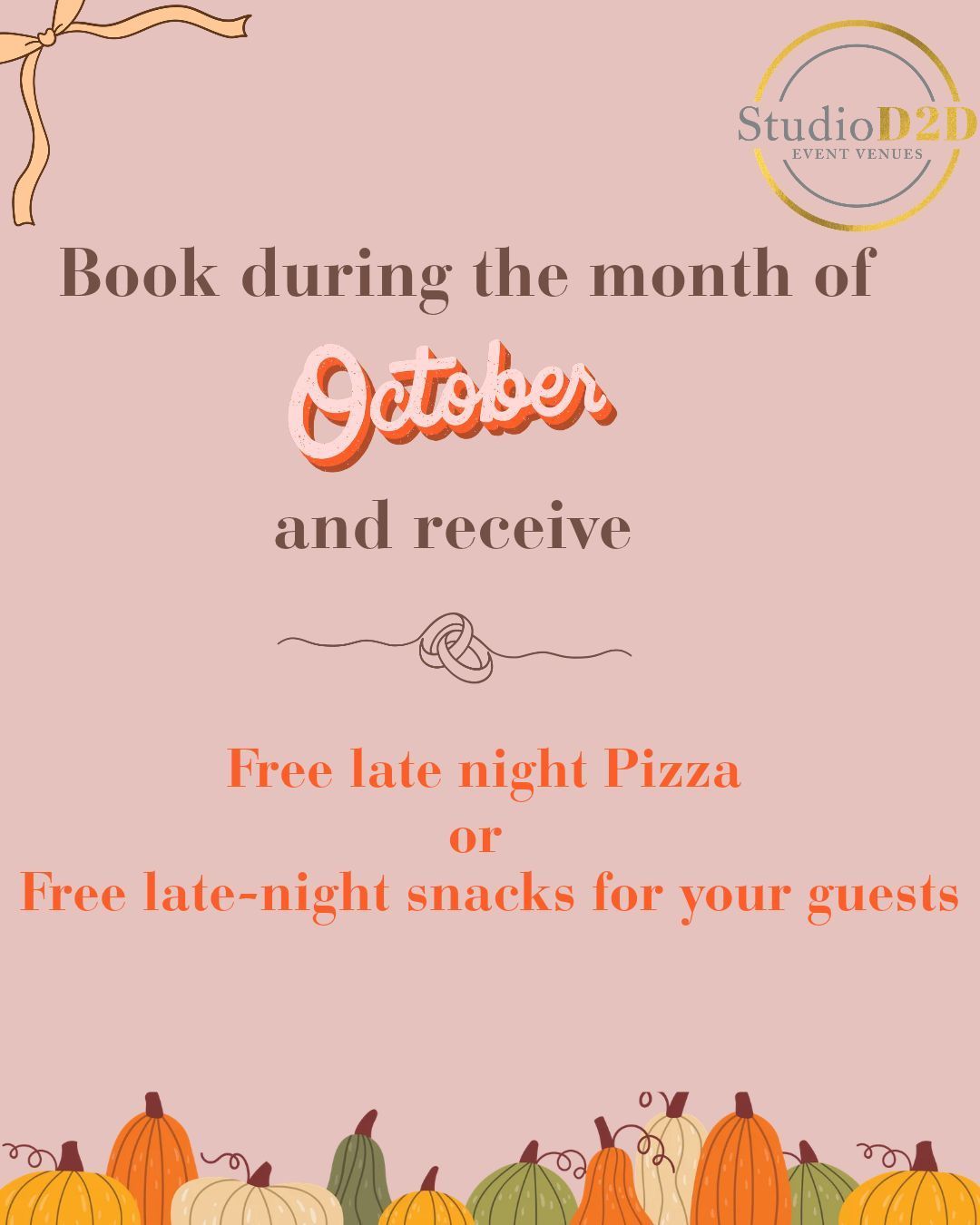 Studio D2D June promotional flyer featuring two specials, free ceremony in 2026, free pizza in 2027