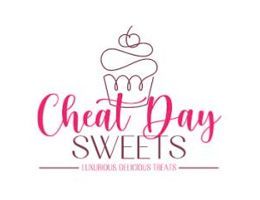 Cheat Day Sweets logo: pink cursive text with a cupcake illustration above it. 