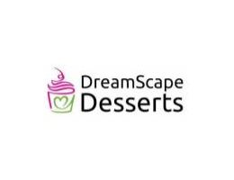 Logo for DreamScape Desserts: cupcake icon, pink and green heart design, text.
