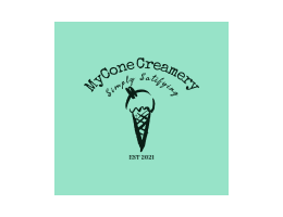 Logo for MyCone Creamery: ice cream cone illustration, teal background, text 