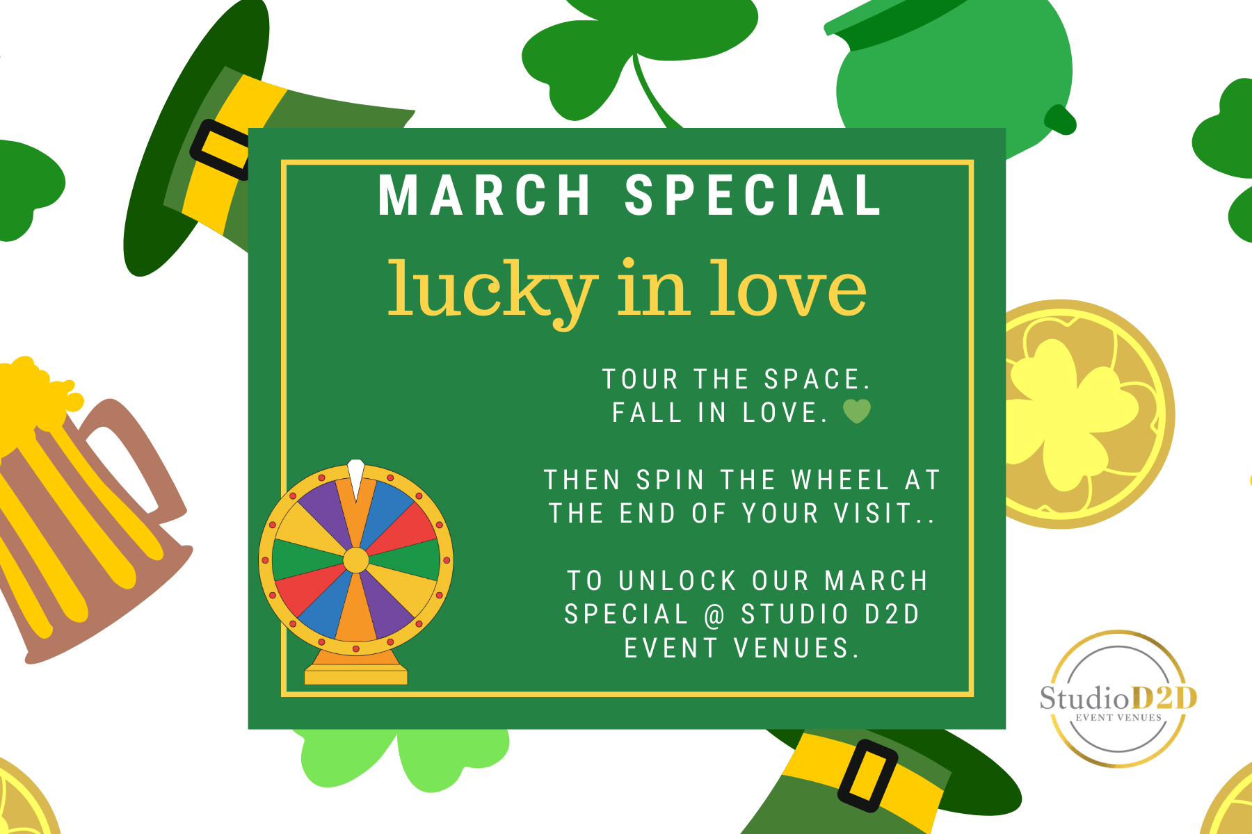 Green St. Patrick's Day themed promotional graphic. Text: 