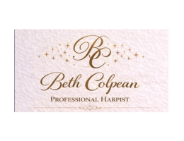 Business card for Beth Colpean, professional harpist. Gold script and design on a cream background.