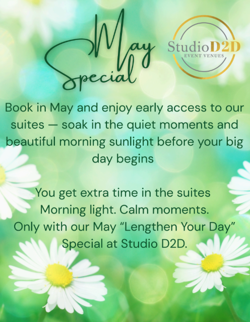 Studio D2D May promotional flyer featuring a sunny, floral background and text offering early access to suites