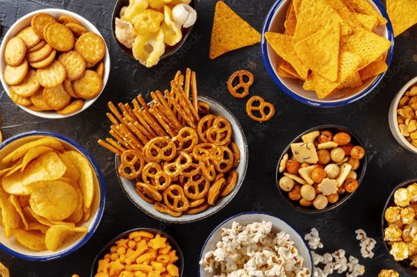 Bowls of assorted snacks: crackers, chips, pretzels, popcorn, and nuts on a dark surface.
