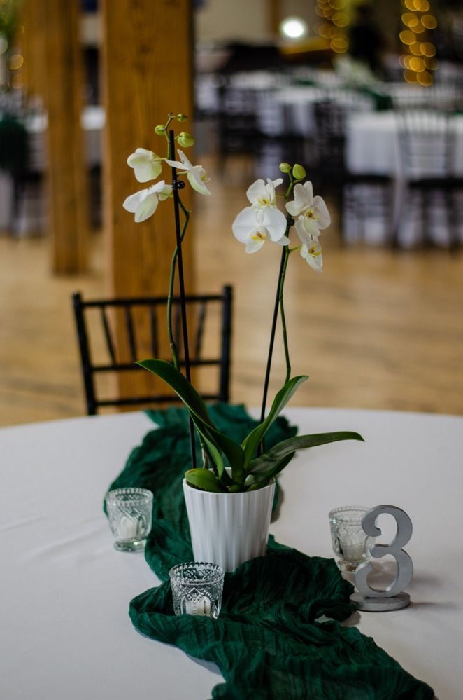 White orchid centerpiece on a white tablecloth, with a green runner, candles, and table number 3.