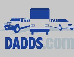 Blue silhouettes of a limousine, bus, and car, with 