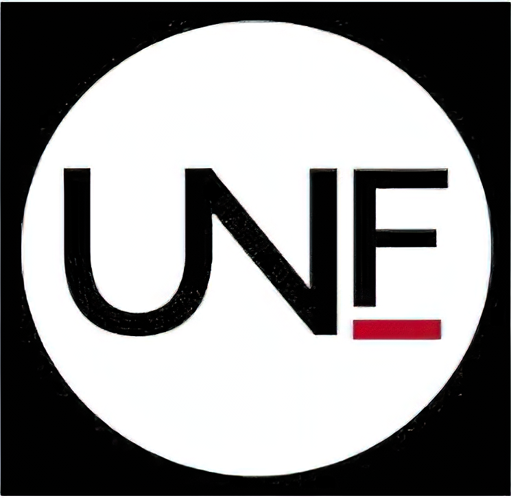 UNF logo in black on a white circle with a red underline on the F