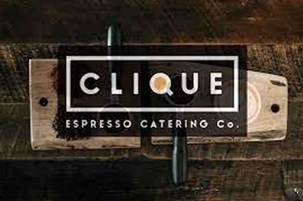 Clique Espresso Catering Co. logo over a wooden board holding espresso cups. White text on black background.