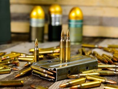 A pile of bullets and a magazine on a wooden table.