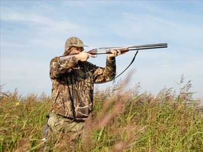 A man with a shotgun hunting.