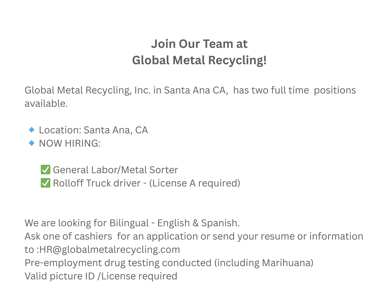 Job posting for Global Metal Recycling in Santa Ana, CA, hiring for General Labor and Welder positions.