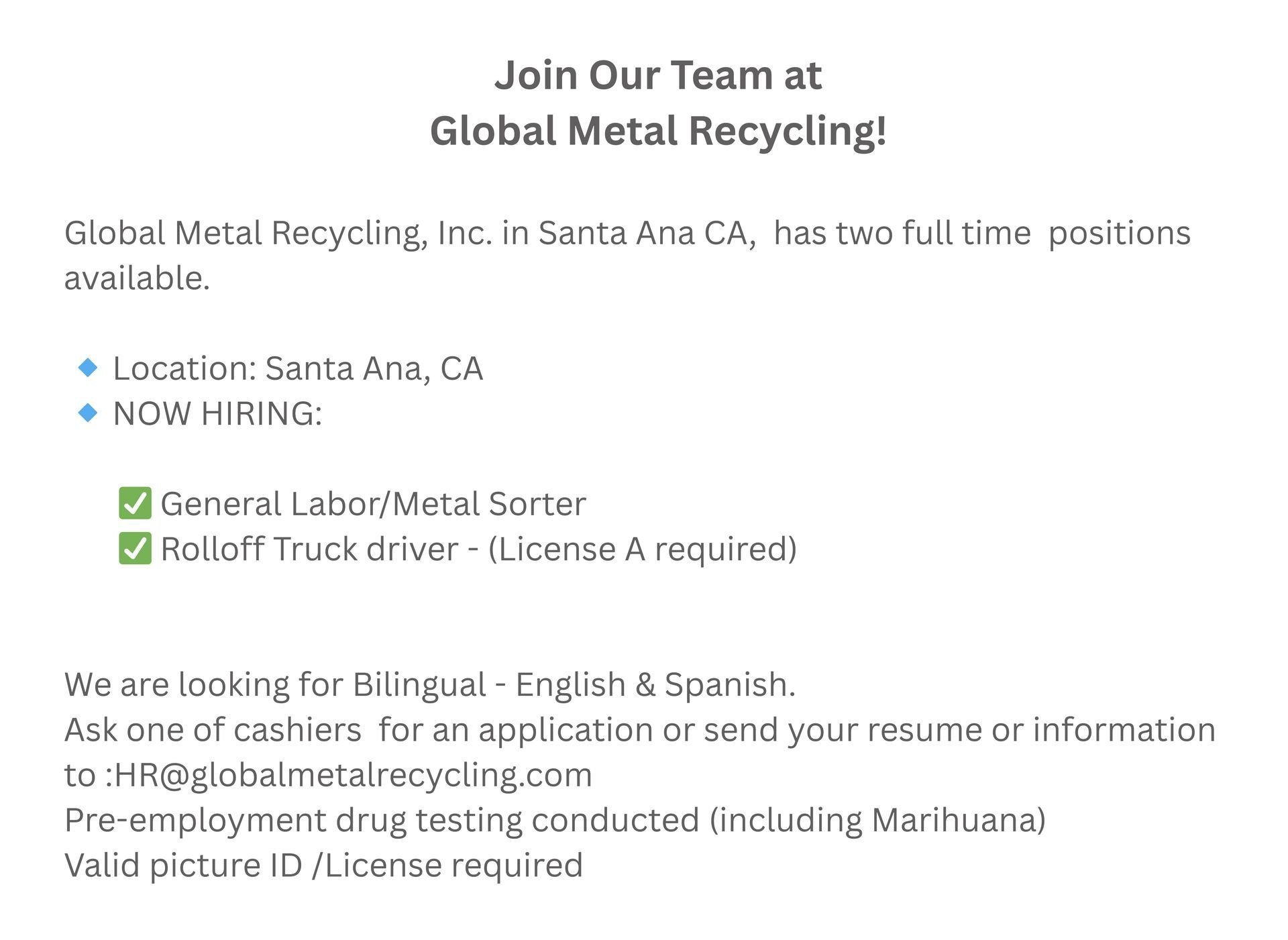 Job posting for Global Metal Recycling, Inc.