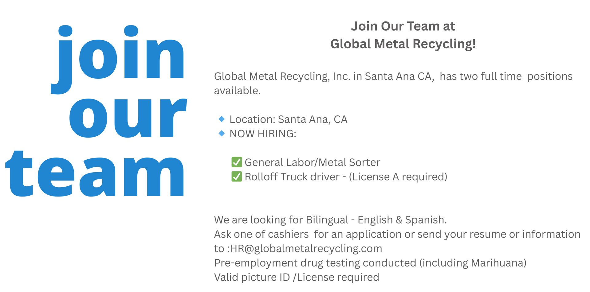 Job posting for Global Metal Recycling, Inc.
