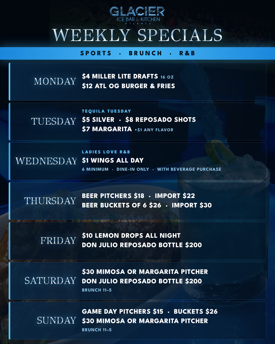 Glacier Weekly Specials flyer listing daily sports and beer specials on a dark blue mountain background