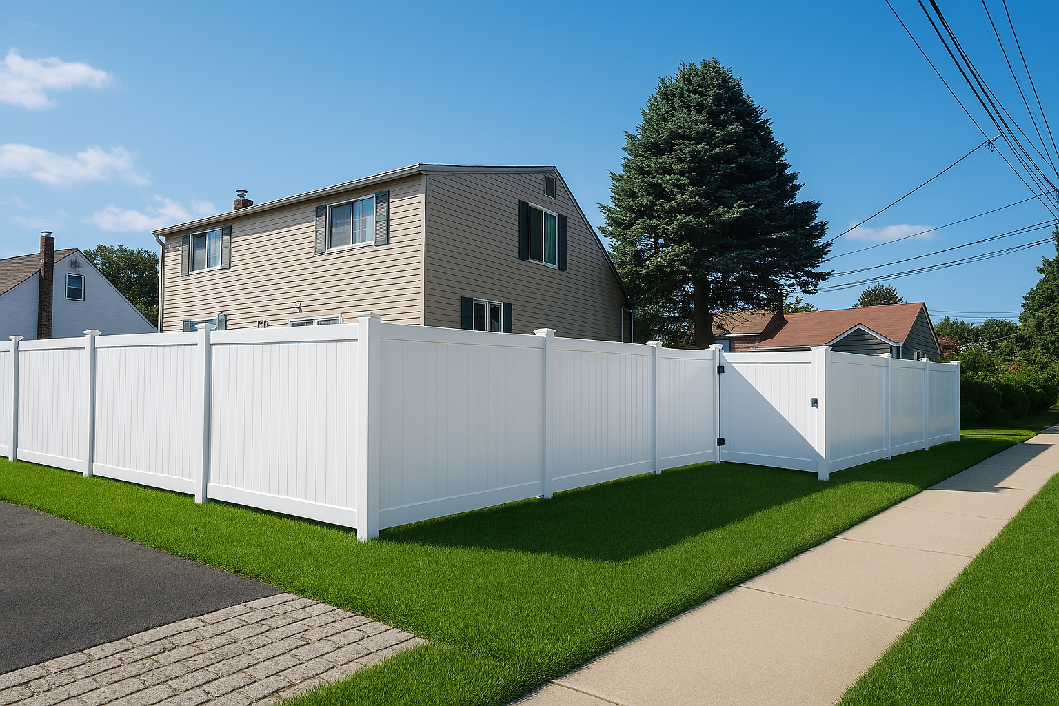 White vinyl fence surrounding a beige house with a blue sky.