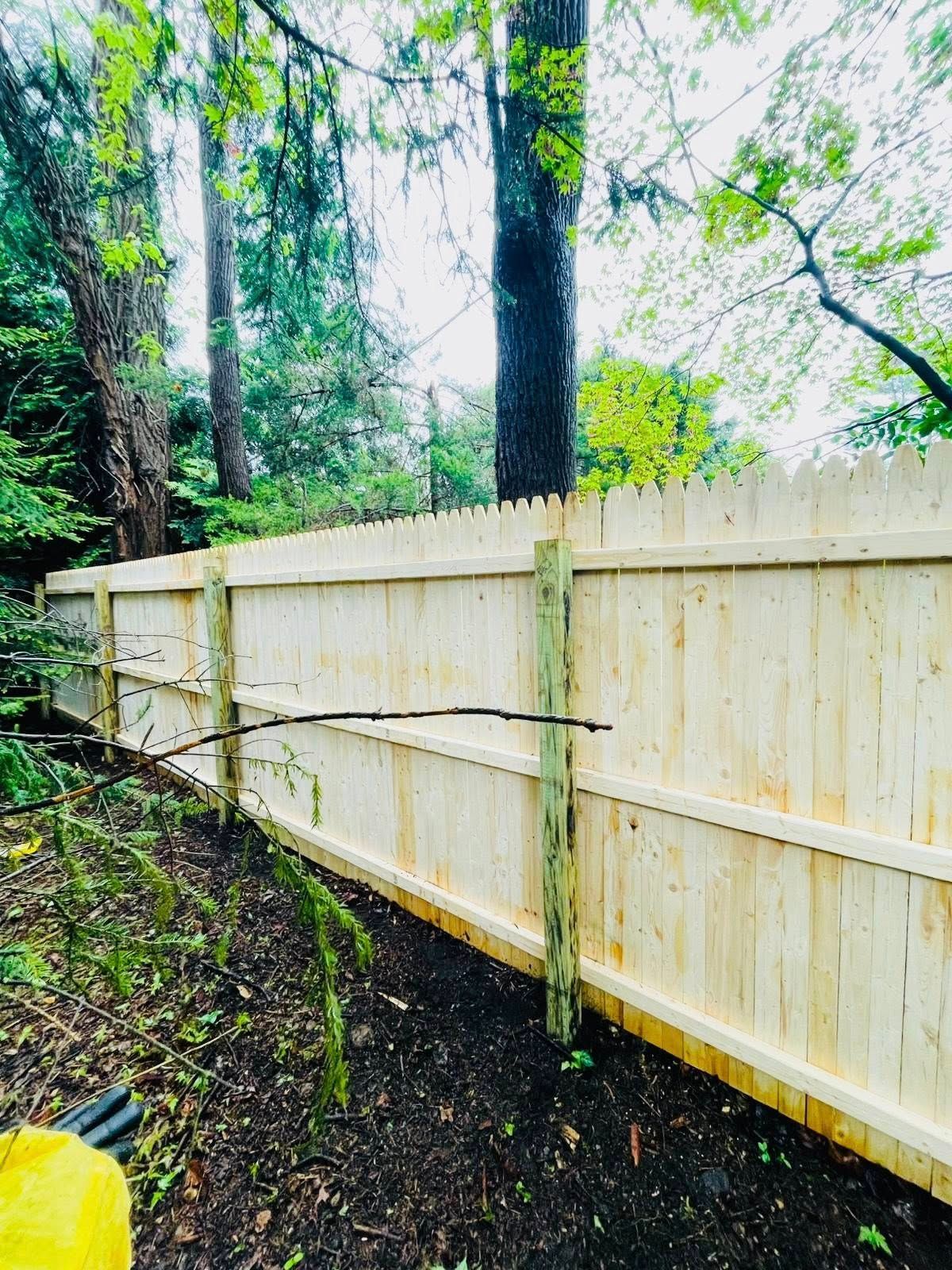 Wooden privacy fence in a wooded area, with light brown panels and green support posts.