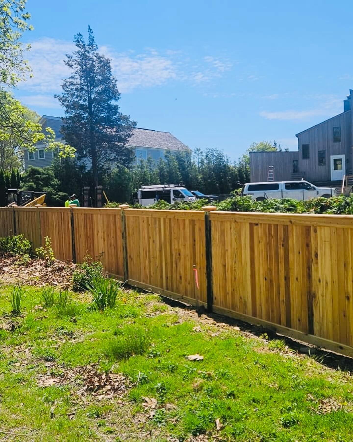 Wooden fence in a grassy yard, under a sunny blue sky, with buildings visible in the background.