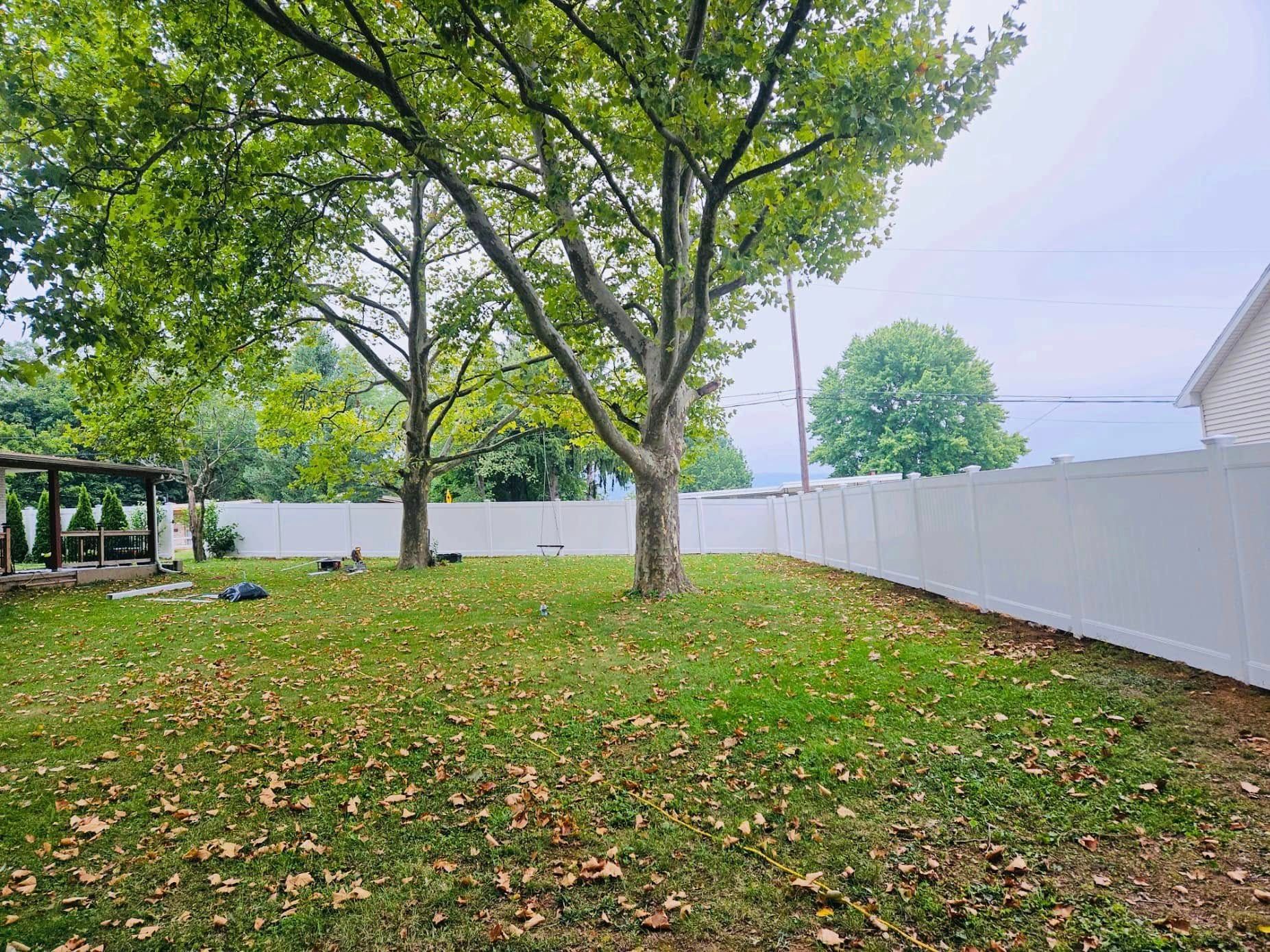 A backyard with a white fence, trees, and scattered leaves on the grass under an overcast sky.