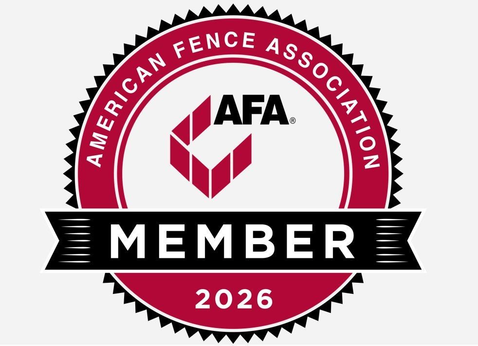 A circular red and black badge for the American Fence Association stating MEMBER and the year 2026.