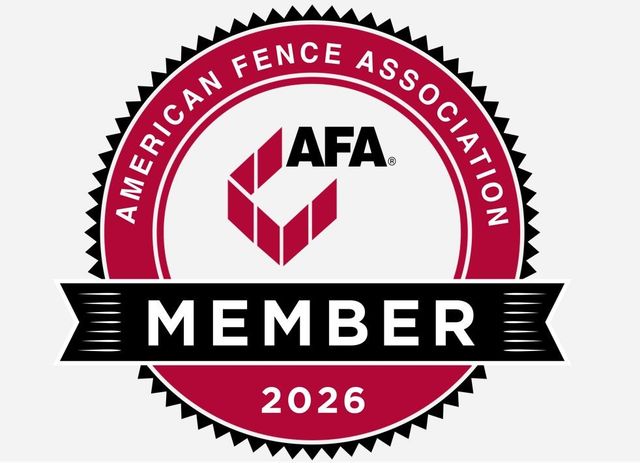 A circular red and black badge for the American Fence Association stating MEMBER and the year 2026.