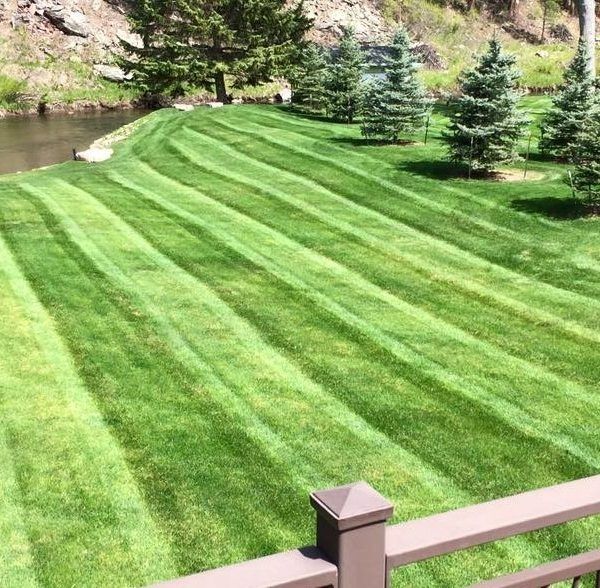 A lush green lawn with precisely mowed grass stripes, leading toward a stream, trees, and a rocky embankment.