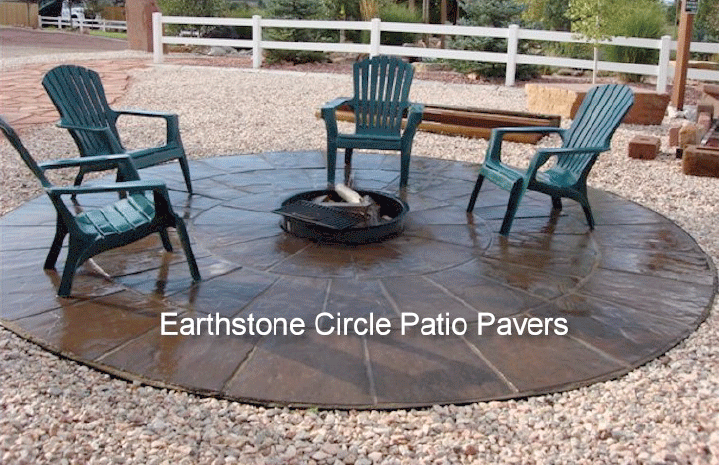 Four chairs are sitting around a fire pit on a patio paver.
