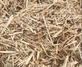 A pile of wood chips is sitting on the ground.