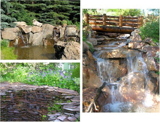 A collage of three pictures of a waterfall in a garden.
