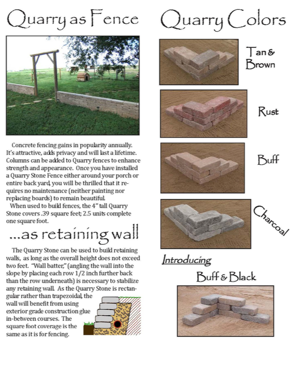 A brochure about quarry as fence and quarry colors as retaining wall