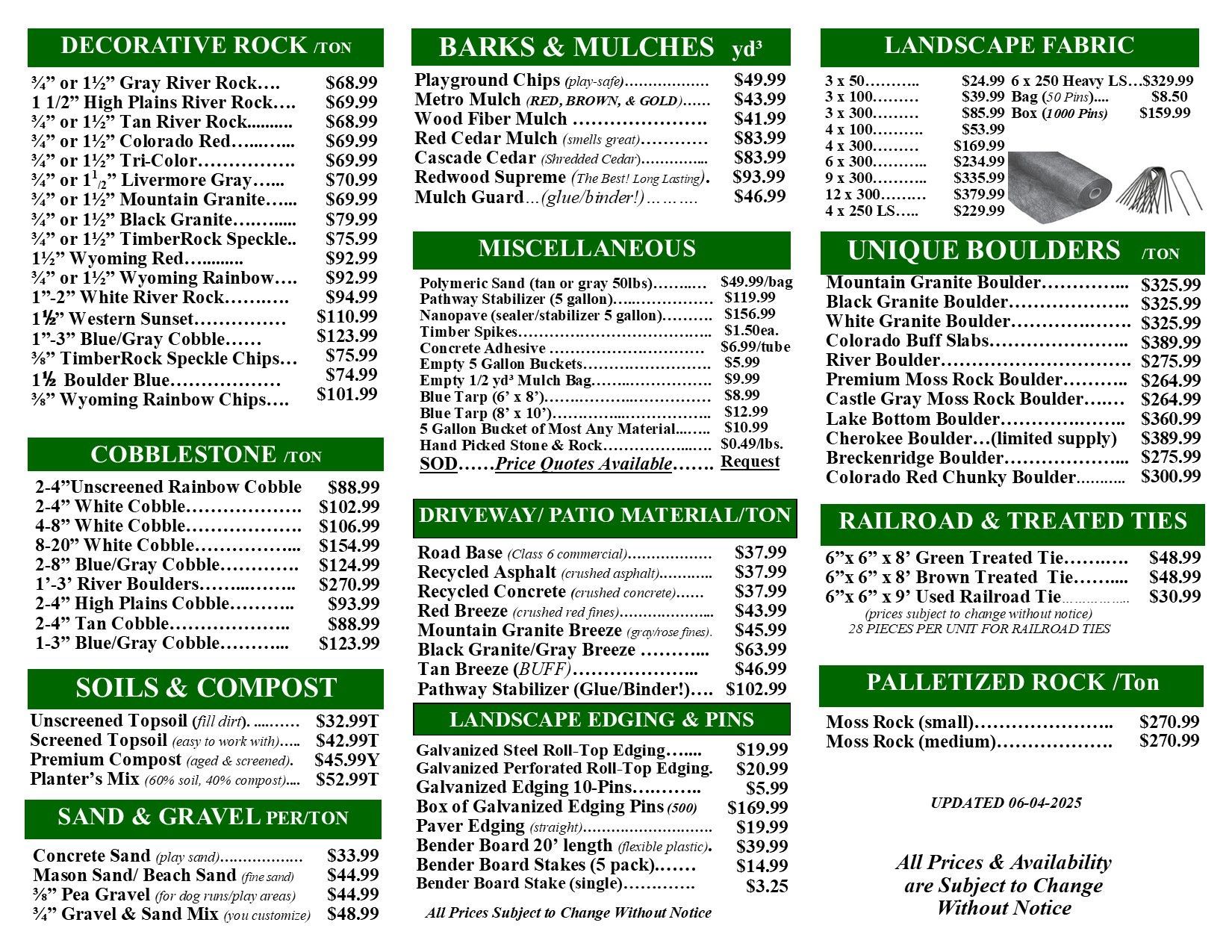 A list of different types of rocks and mulches