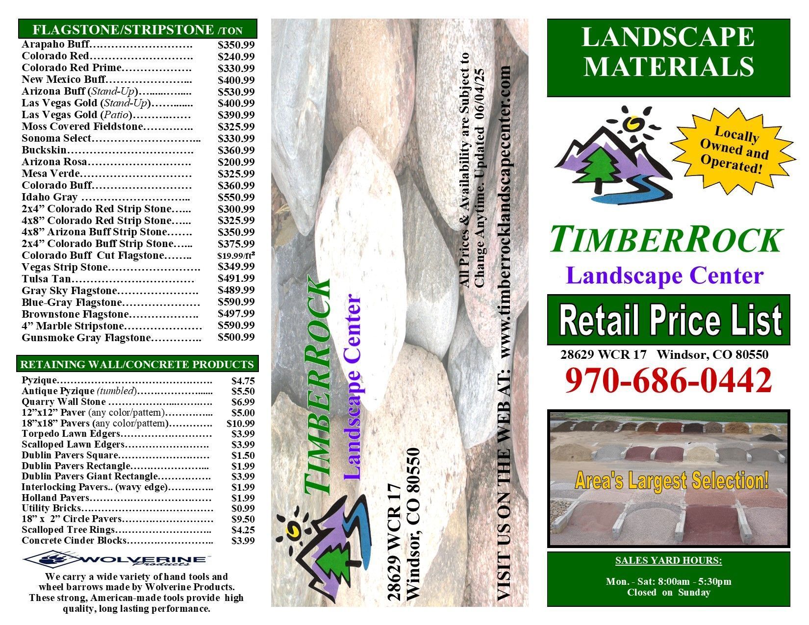 A brochure for the TimberRock Landscape Center retail price list