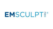 The logo for emsculpt neo is blue and white on a white background.
