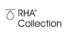The rha collection logo is black and white and looks like a drop of water.