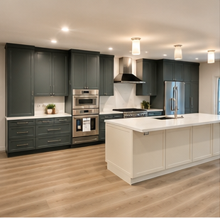 Modern kitchen with dark cabinets, stainless appliances, white island, and light wood flooring