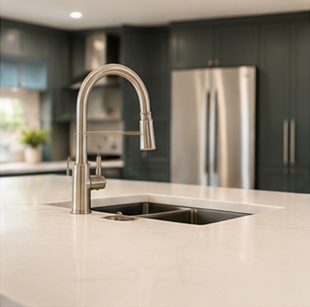 Modern kitchen with stainless steel faucet and white countertop island