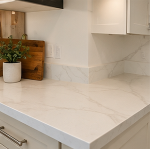 White marble kitchen countertop with white cabinets and a potted plant on the left