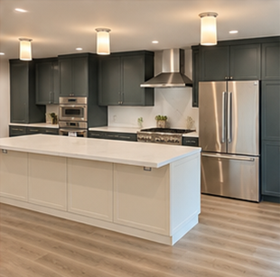 Modern kitchen with dark cabinets, stainless steel appliances, white island, and wood floors