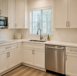 Bright white kitchen with sink, dishwasher, and window above countertop