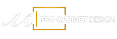 PRO CABINET DESIGN logo with gold square outline and gray lettering on white background
