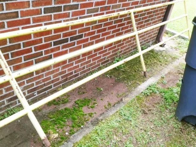 A yellow metal railing stands along a brick wall above a patch of ground with moss and sparse grass.