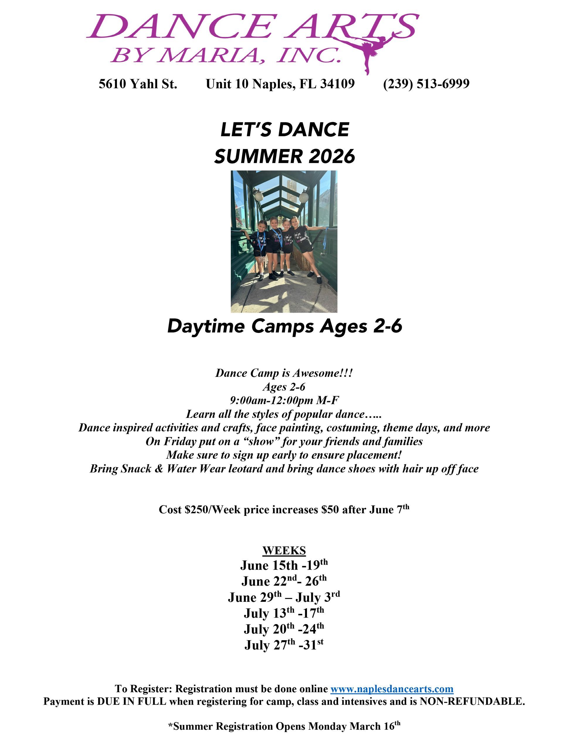 Dance Arts by Maria summer 2026 camp flyer for ages 2-6 with date options, contact info, and registration link.