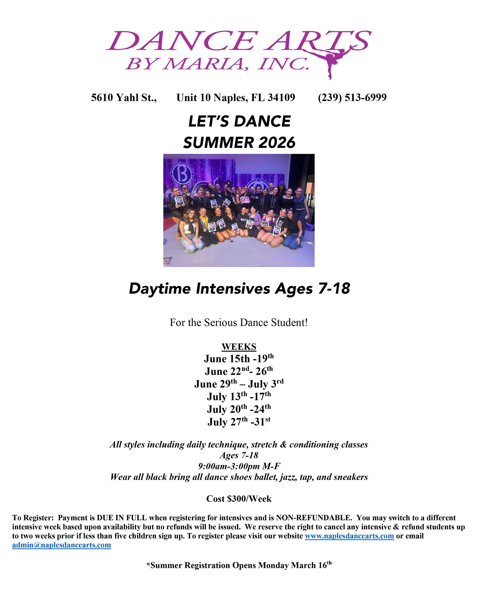 Flyer for Dance Arts by Maria, Inc. Summer 2024 dance intensives with dates, age requirements, and contact information.
